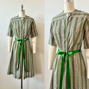 1950s Miss Smith Green Floral House Dress | 50s Striped Short Sleeve Cotton Dress | Vintage Button Down Day Dress | Size M