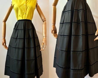 1950s Black Pleated Cocktail Skirt | 50s Velvet Stripe Party Skirt | Vintage Fit and Flare Skirt | Size S