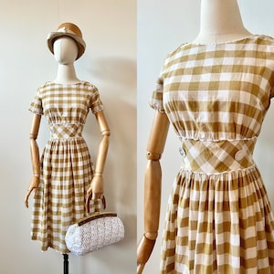 1950s Light Brown Gingham Dress | 50s Ric Rac Checked Day Dress | Vintage Fit and Flare Dress | Size XS