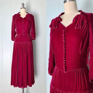 1940s Dark Raspberry Pink Velvet Cocktail Dress | 40s Pleated Skirt Party Dress | Vintage Bows Formal Dress | XS