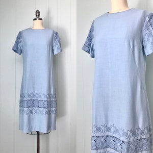 1960s Light Blue Floral Eyelet Dress | 60s Periwinkle Shift Dress | Vintage Pastel Embroidered Dress | Size S