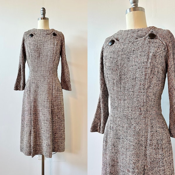 1950s Brown Dress Original Wool Dress | 50s Woven Boucle Button Dress | Vintage Fall Party Dress | Size S