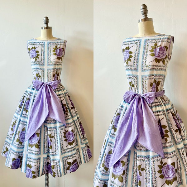 1950s Lavender Rose Cotton Dress | 50s Light Purple Floral Dress | Vintage Fit and Flare Day Dress | Size XS/S