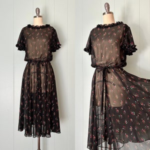 1970s does 1930s Black Tulip Chiffon Party Dress 70s does 30s Sheer Flutter Sleeve Dress Vintage Ruffled Fit and Flare Dress Size XS/S image 1