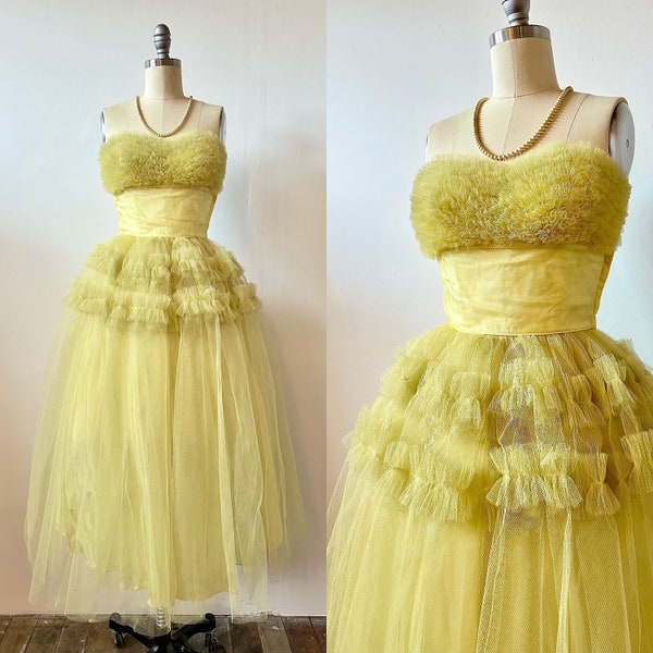 1950s Lemon Yellow Tulle Cupcake Dress | 50s Pastel Cocktail Dress | Vintage Fit and Flare Prom Dress | Size XXS