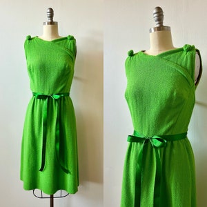 1960s AS-IS Shannon Rodgers for Jerry Silverman Lime Green Dress | 60s Bright Wool Boucle Dress | Vintage Sleeveless Day Dress | Size XS/S
