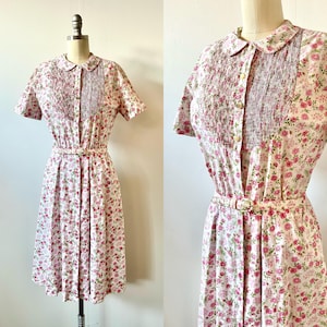 1950er Jahre Rosa Rosen Baumwolle Tageskleid | 50er Jahre Sommer Blumen Print Kleid | Vintage Fit and Flare Kleid | Grösse S