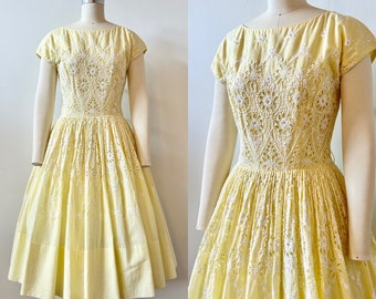 1950s Aywon Originals Pastel Yellow Dress | 50s Embroidered Eyelet Dress | Vintage Fit and Flare Dress | Size S