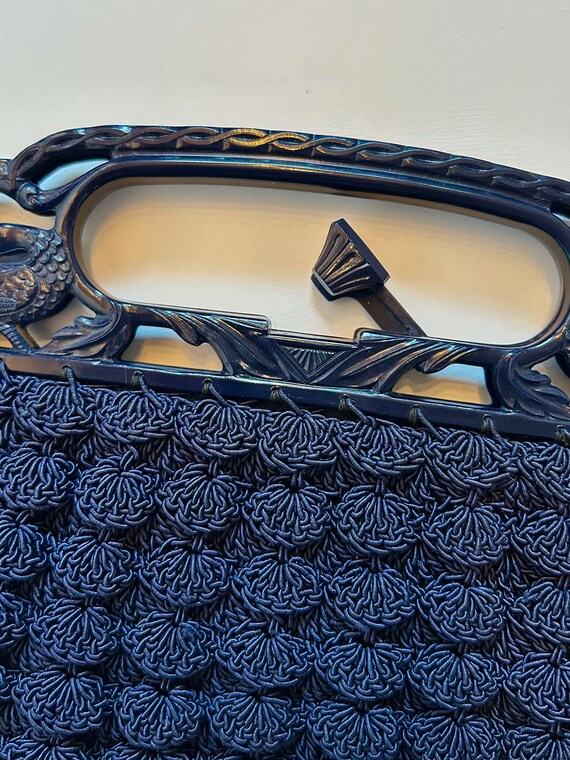 1940s Navy Crochet Popcorn Handbag | 40s Dark Blu… - image 9