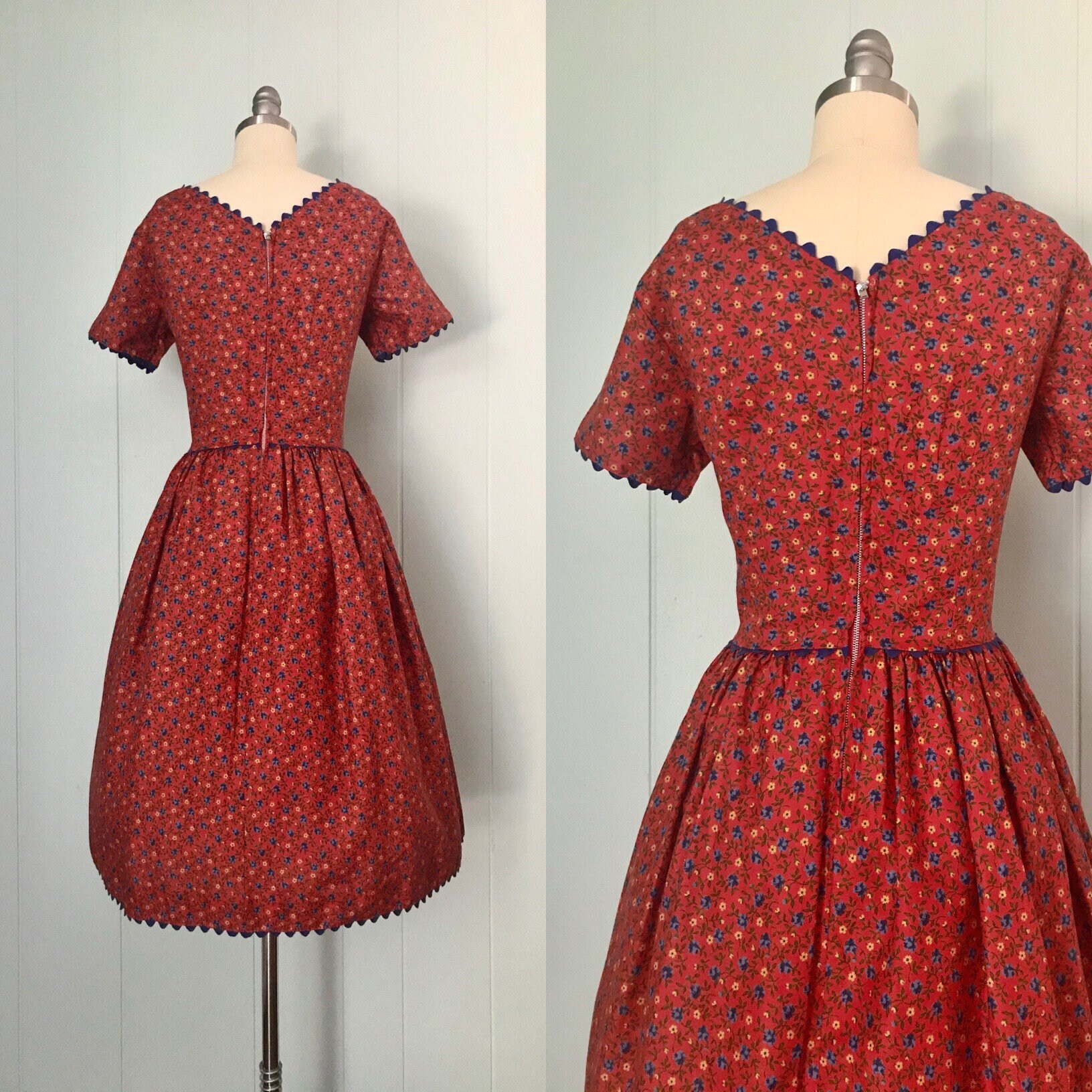 1950s Montgomery Ward Bright Red Dress 50s Floral Fit and - Etsy