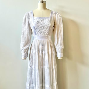1970s Gonzalo Bauer Mexican Maxi Dress | 70s Girasol White Pintucked Embroidered Dress | Vintage Fit and Flare Wedding Dress | Size XS