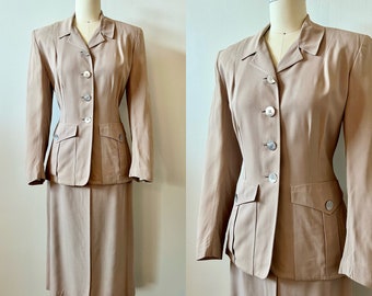 1950s Life Savers Collegiate Light Brown Suit | 50s Mauve Button Down Skirt Suit | Vintage Fitted Blazer and Skirt | Size XS