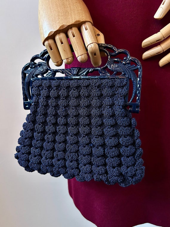 1940s Navy Crochet Popcorn Handbag | 40s Dark Blu… - image 3