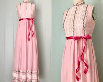 1970s Candi Jones Pale Pink Maxi Dress | 70s Pastel Floral Dress | Vintage Sleeveless Lace Trim Dress | Size XS