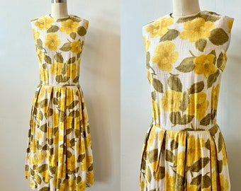 1960s Bright Yellow Floral Sundress | 60s Flower Print Summer Dress | Vintage Sleeveless Pleated Spring Dress | Size XS