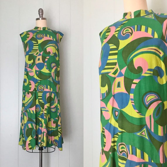 VINTAGE 1960/'s1970/'s MOD size Medium Shift Style Dress Vivid GEOMETRIC
