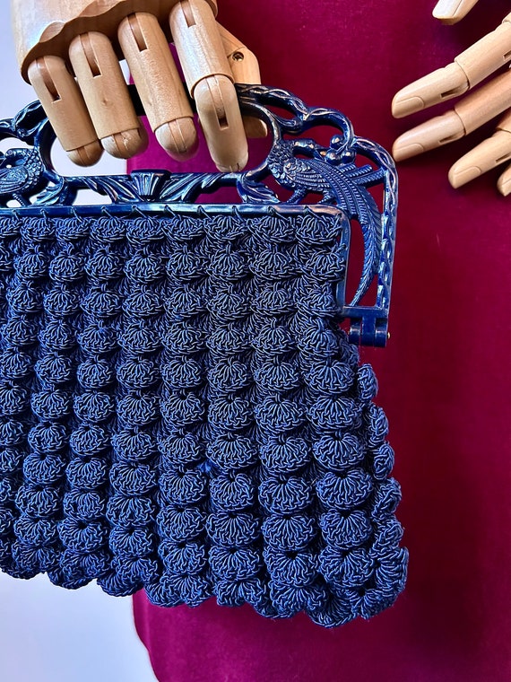 1940s Navy Crochet Popcorn Handbag | 40s Dark Blu… - image 4