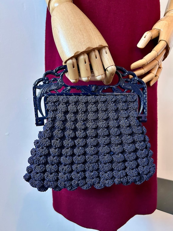 1940s Navy Crochet Popcorn Handbag | 40s Dark Blu… - image 1