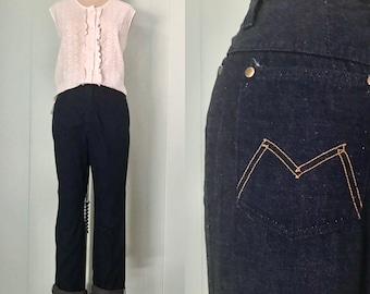 1960s Maverick Dark Wash Jeans | 60s Blue Bell High Waisted Jeans | Vintage Western Fit  Misses Pants | Size XS/S