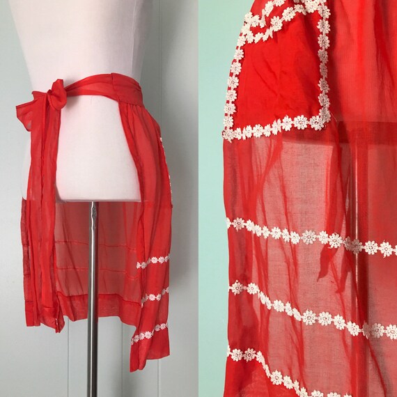 1950s Bright Red Sheer Voile Half Apron 50s Daisy Floral Etsy