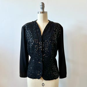 1940er Jahre Schwarzer Pailletten-Blazer | 40s Dark Beaded Jacke | Vintage funkelndes Abend Top | Grösse M/L
