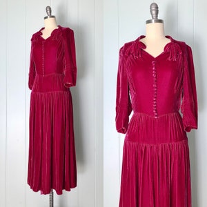 1940s Raspberry Silk Velvet Dress Gown | XS/S