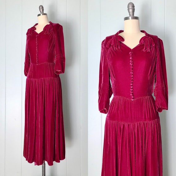 1940s Dark Raspberry Pink Velvet Cocktail Dress |… - image 4