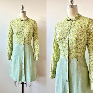 1970s Thermo-Jac Green Floral Day Dress | 70s Flower Print Button Down Dress | Vintage Collared Mini Dress | Size XS