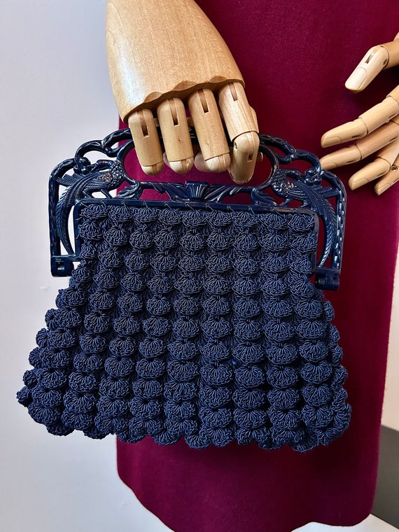1940s Navy Crochet Popcorn Handbag | 40s Dark Blu… - image 2