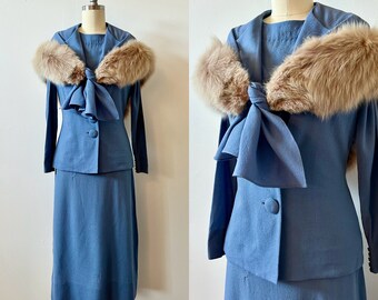 1930s Cornflower Wool Dress and Vest | 30s Dark Blue Dress and Fur Trim Jacket | Vintage Belted Dress Set | Size XS