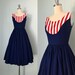 1950s Navy Blue Patriotic Dress | 50s Red and White Striped Dress | Vintage Fit and Flare Day Dress | Size XS 