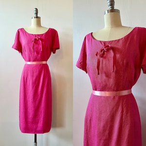 1960s Hot Pink Linen Wiggle Dress | 60s Bright Short Sleeve Party Dress | Vintage Pencil Skirt Bow Dress | Size M/L