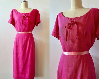 1960s Hot Pink Linen Wiggle Dress | 60s Bright Short Sleeve Party Dress | Vintage Pencil Skirt Bow Dress | Size M/L