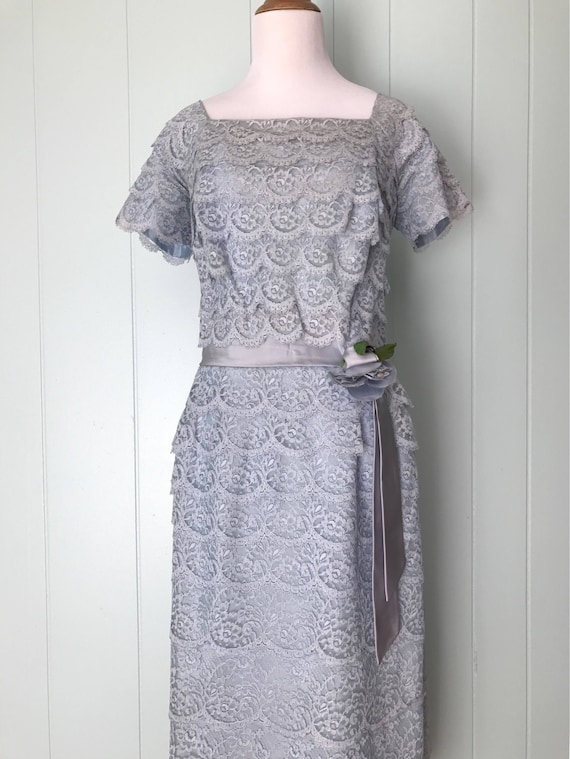 1950s DuBarry Pale Blue Tiered Lace Cocktail Dres… - image 2