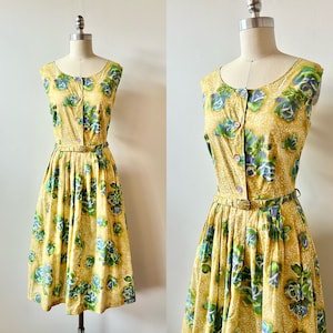 1950s Princess Peggy Floral Dress | 50s Yellow Spotted Flower Print Sundress | Vintage Fit and Flare Day Dress | Size S
