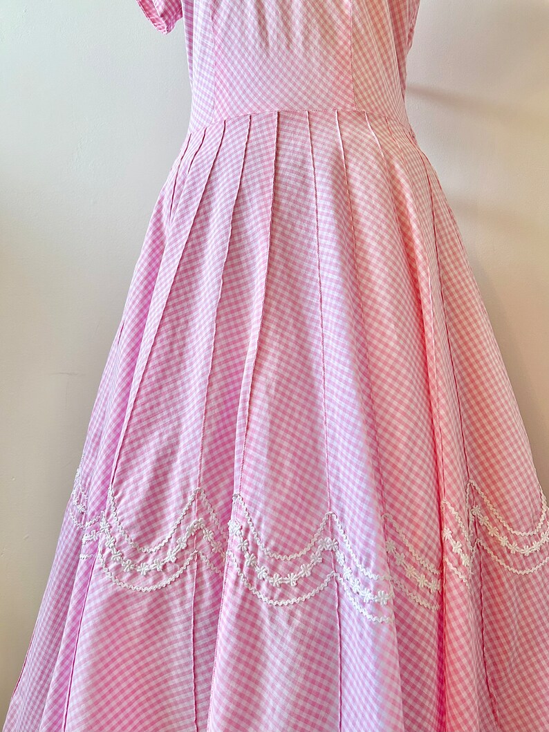 1950s Toni Todd Bubblegum Pink Gingham Dress 50s Pastel Checked Dress Vintage Fit and Flare Dress Size M image 7