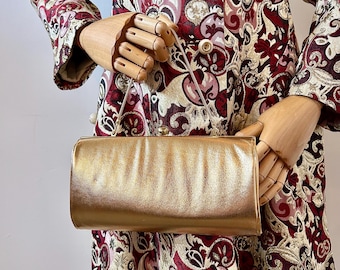 1960s Metallic Gold Vinyl Handtasche | 60er Jahre Knallige Henkeltasche Henkeltasche | Vintage Abend Accessoire