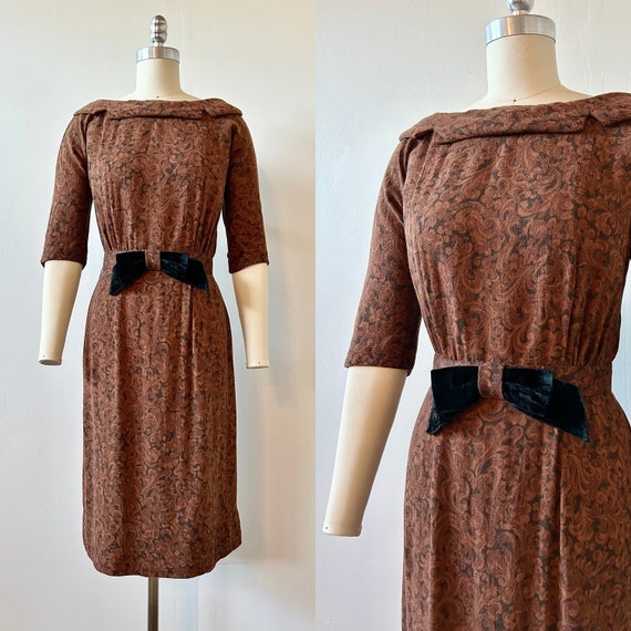 1950s R&K Originals Brown Swirl Wiggle Dress | 50… - image 1