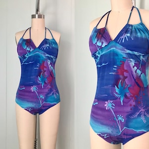 1980s Blue Halter Top Swimsuit | 80s Purple Open Back Bathing Suit | Vintage Bright Tropical One Piece | Size XS/S