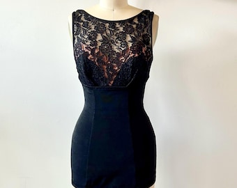 1950s Rose Marie Reid Bombshell Swimsuit | 50s Black Sequin Bathing Suit | Vintage Lace Illusion One Piece Maillot | Size XS