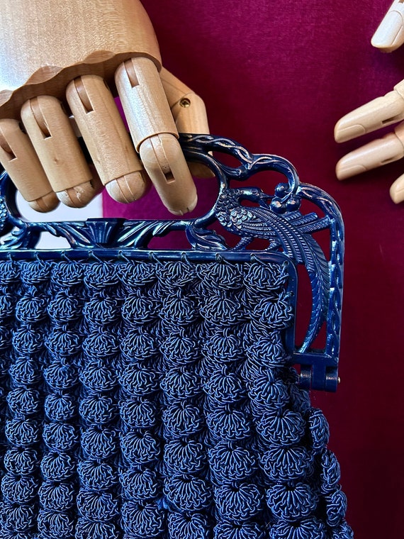 1940s Navy Crochet Popcorn Handbag | 40s Dark Blu… - image 5