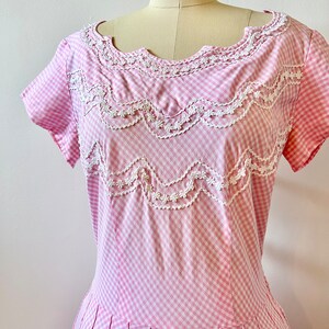 1950s Toni Todd Bubblegum Pink Gingham Dress 50s Pastel Checked Dress Vintage Fit and Flare Dress Size M image 3