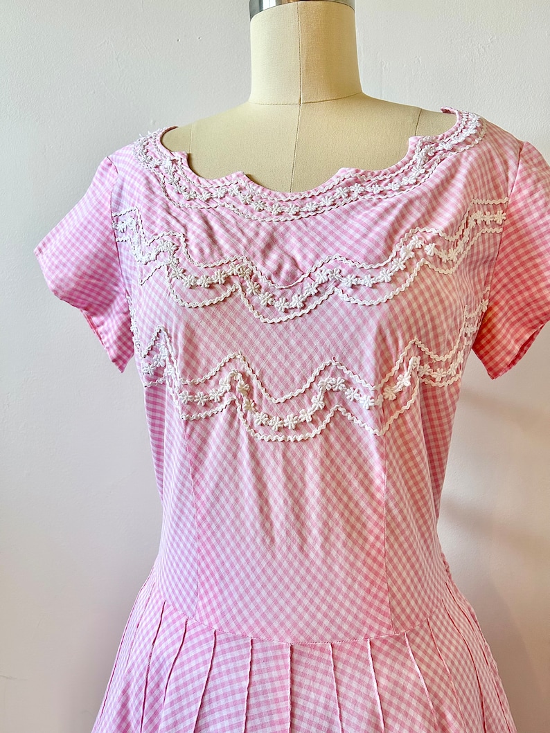 1950s Toni Todd Bubblegum Pink Gingham Dress 50s Pastel Checked Dress Vintage Fit and Flare Dress Size M image 3