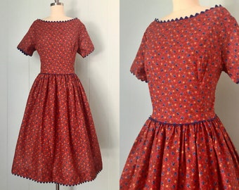 1950s Montgomery Ward Bright Red Dress | 50s Floral Fit and Flare Dress | Vintage Ric Rac Day Dress | Size S/M