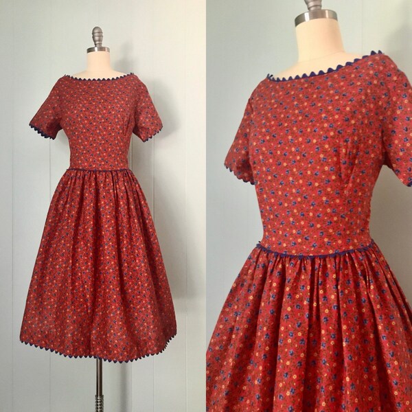 1950s Montgomery Ward Bright Red Dress | 50s Floral Fit and Flare Dress | Vintage Ric Rac Day Dress | Size S/M