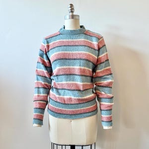 1980s Striped Long Sleeve Sweater | 80s Crew Neck Pastel Pullover | Vintage Slouchy Sportswear Jumper | Size S/M