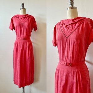 1960s Berry Pink Wiggle Dress | 60s Bright Watermelon Day Dress | Vintage Short Sleeve Casual Dress | Size S