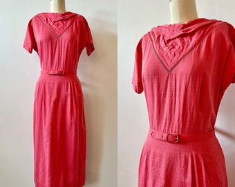 1960s Berry Pink Wiggle Dress | 60s Bright Watermelon Day Dress | Vintage Short Sleeve Casual Dress | Size S