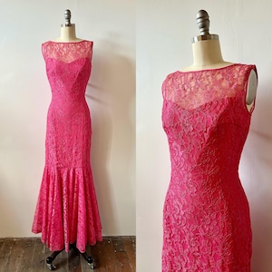1960s Bright Pink Mermaid Evening Gown | 60s Hot Pink Lace Formal Dress | Vintage Full Length Dress | Size XS/S