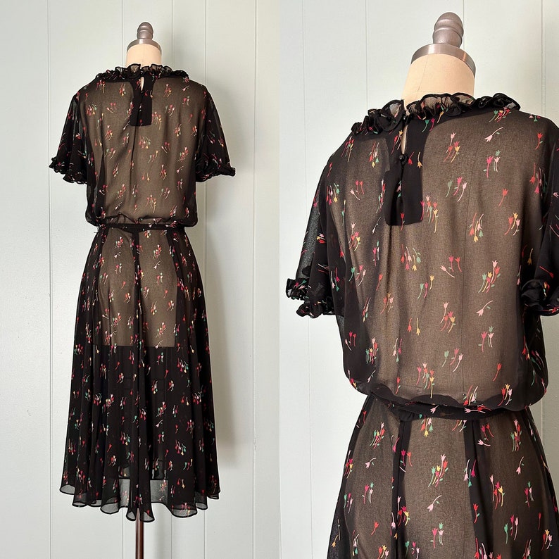 1970s does 1930s Black Tulip Chiffon Party Dress 70s does 30s Sheer Flutter Sleeve Dress Vintage Ruffled Fit and Flare Dress Size XS/S image 9